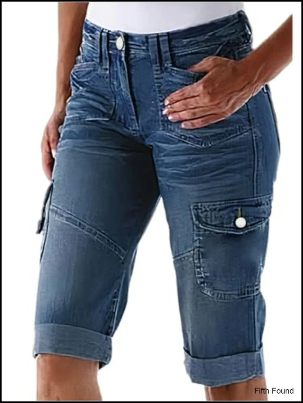 Mid Rise Bermuda Denim Shorts with Flap Pockets Roll Hem Straight Leg